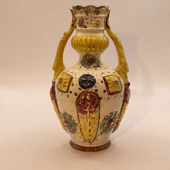 Pompeyi Bejeweled Signed Majolica Ceramic Vase Double Handle Gold Embossed - Picture 3 of 13